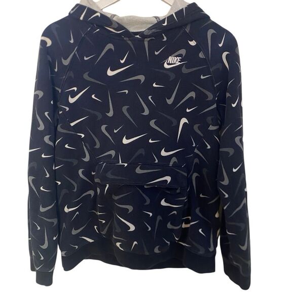 Nike Boys' NSW Club All Over Print Hoodie in black and white XL - Picture 3 of 5